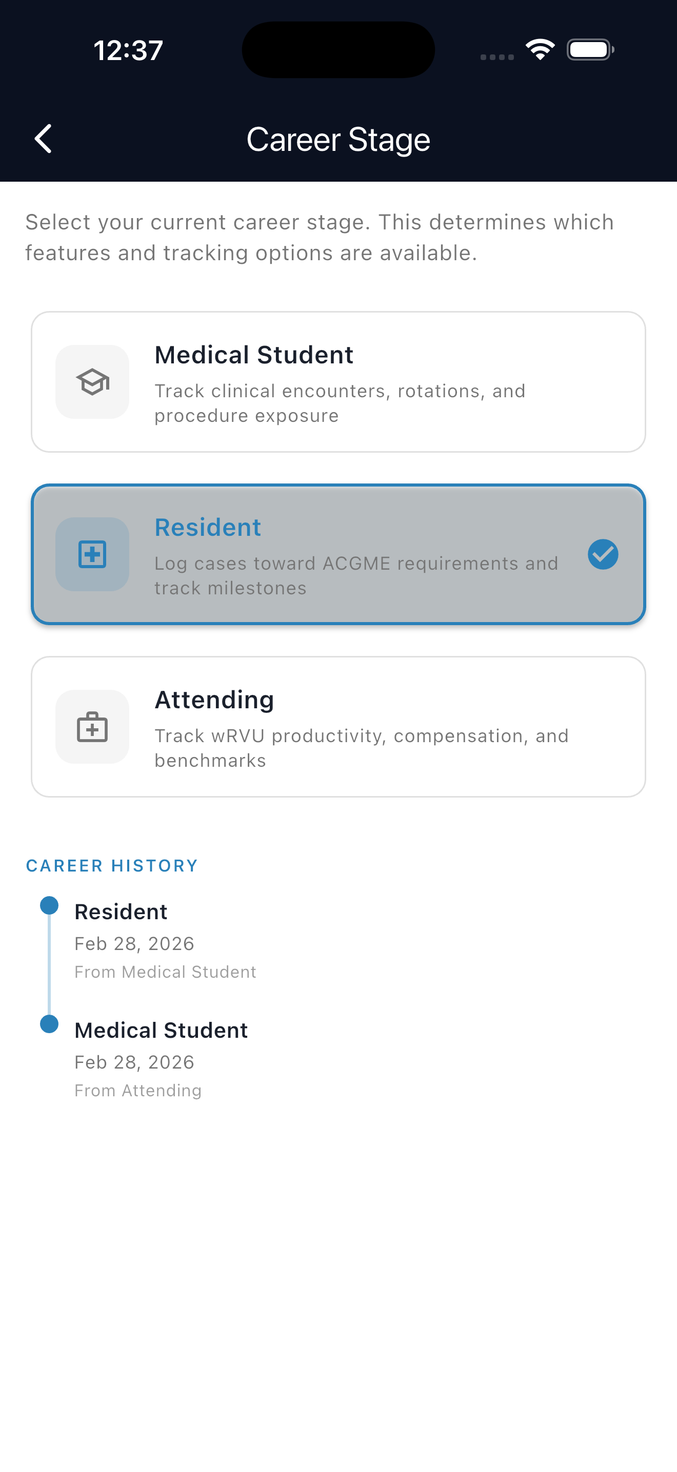 RVU Edge career stage view
