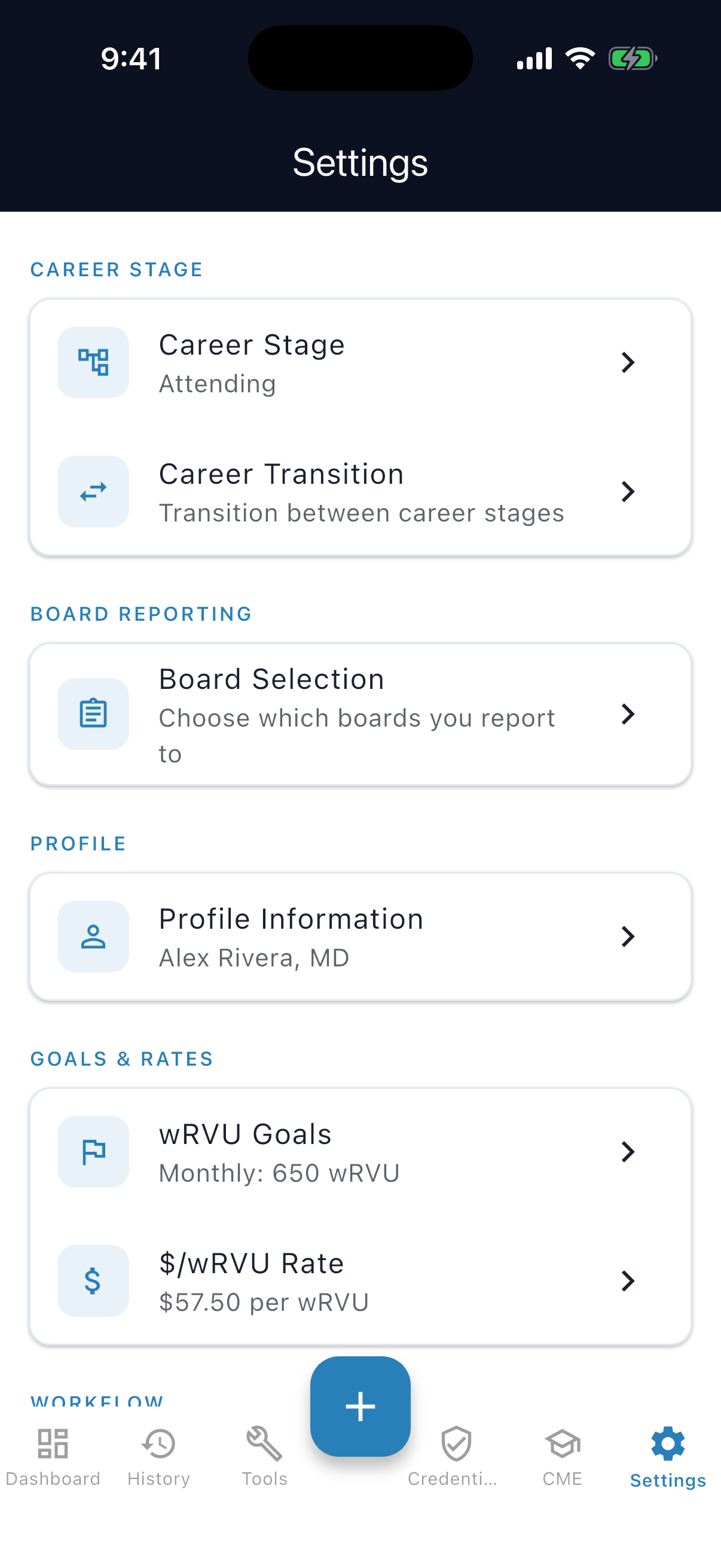 Settings: career stage, board selection, and wRVU goals
